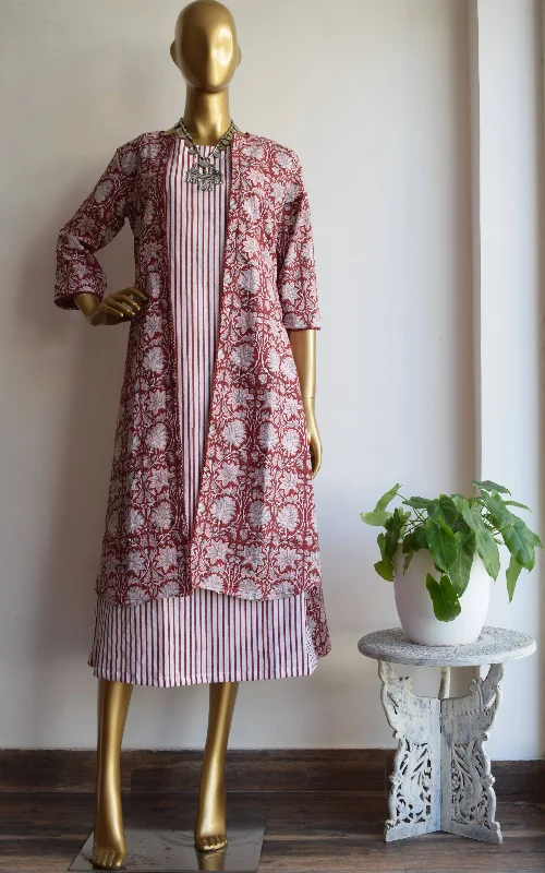Maroon Block Print Jacket with Cotton Dress Cardigan Sweater Pullover