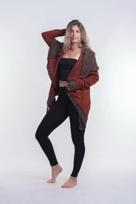 Hooded Shawl Cardigan in Brick Solid Print Embellished