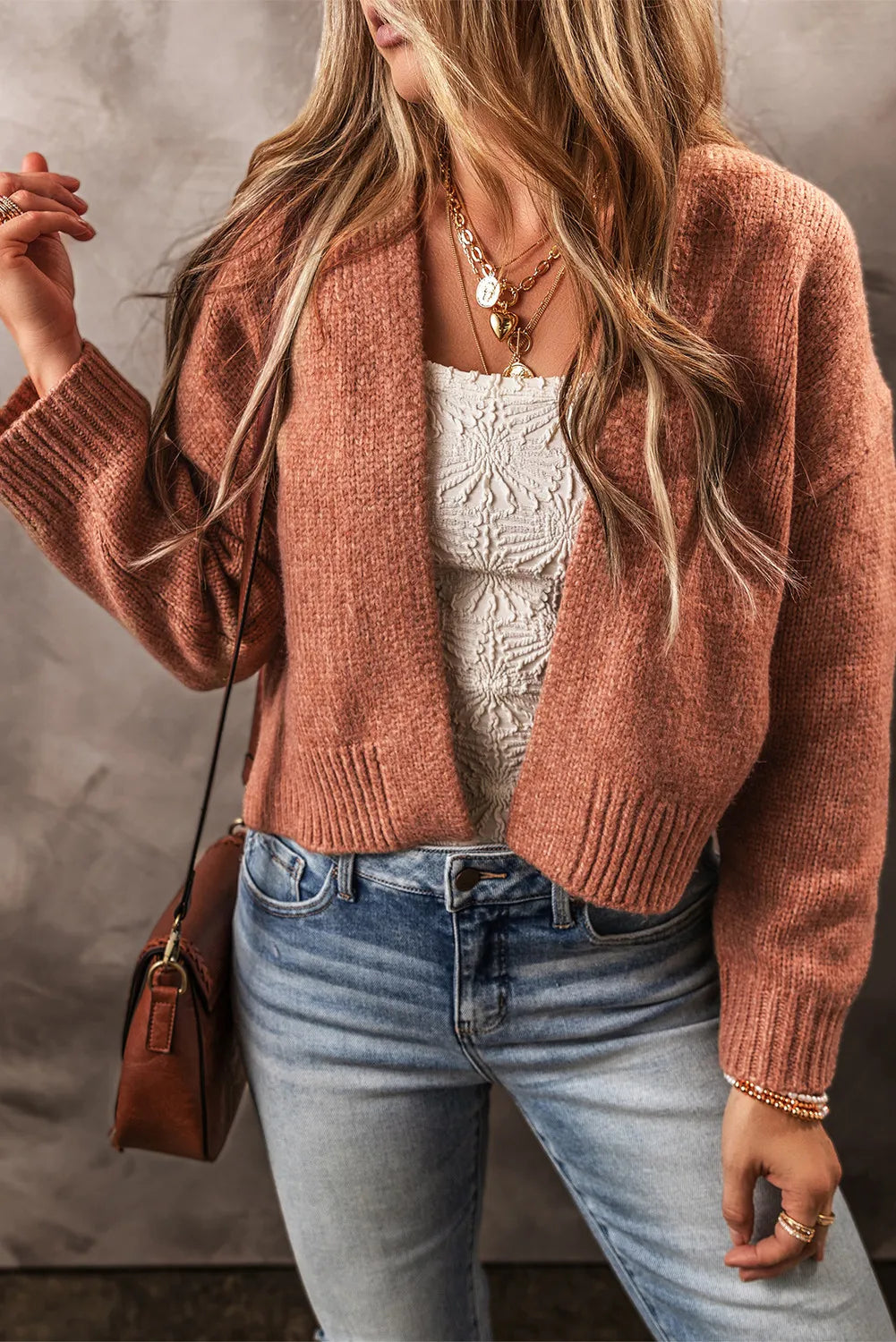 NEW LIFE: Open Front Dropped Shoulder Cardigan Nylon Fabric Polyester Fabric Spandex Fabric
