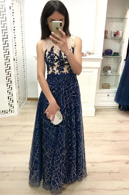 A Line Dark Blue Long Prom Dresses Sequins Sleeveless Evening Party Dresses Tunics Office stylish A Line Dark Blue Long Prom Dresses Sequins Sleeveless Evening Party Dresses Tunics Office stylish