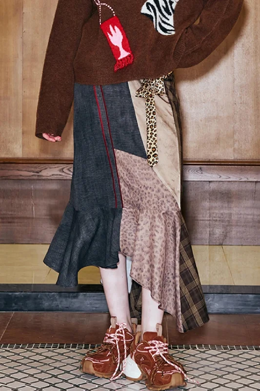 Patchwork Denim Leopard Midi Skirt denim skirt classic