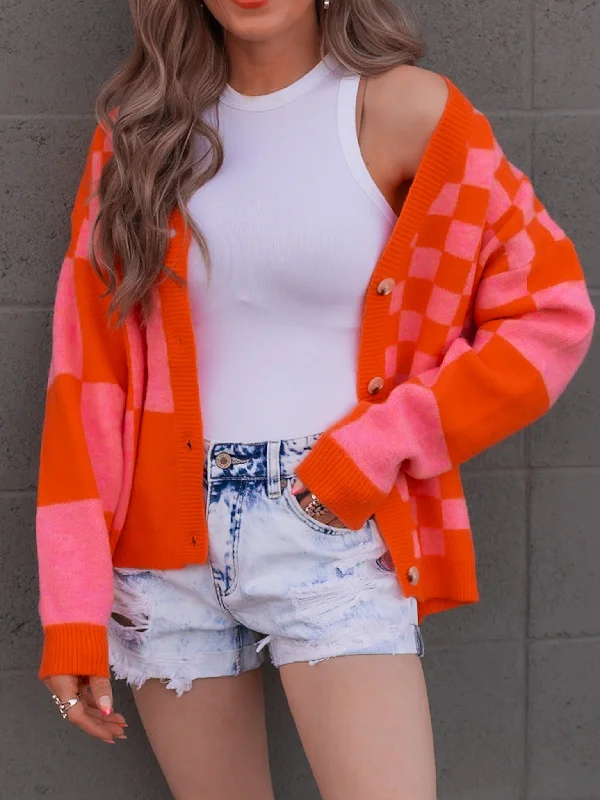 Double the Fun Checkered Print Cardigan Spandex Rayon Corduroy