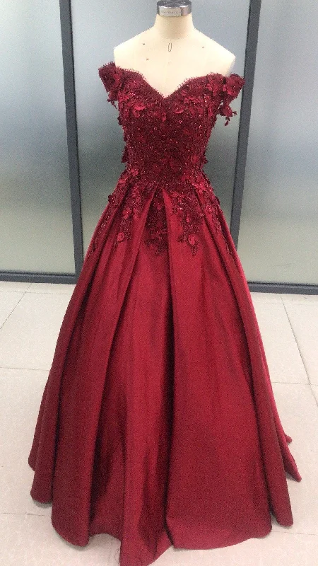 Dark Red Satin Off Shoulder Lace Applique Floor Length Prom Dress, Wedding Guest Formal Gowns, Off shoulder Party Dress,Custom Made Y1572 Tunics Stylish modern Dark Red Satin Off Shoulder Lace Applique Floor Length Prom Dress, Wedding Guest Formal Gowns, Off shoulder Party Dress,Custom Made Y1572 Tunics Stylish modern