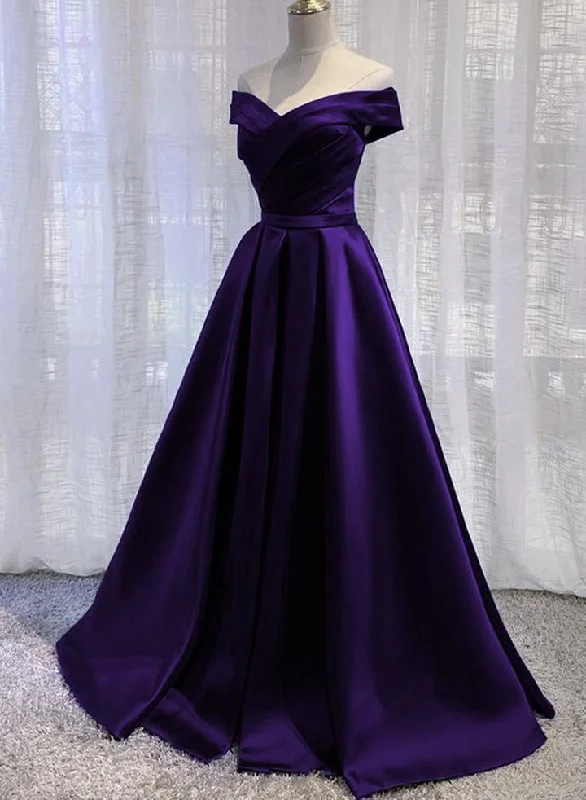 Simple Off Shoulder Satin Long Prom Dress, Dark Purple Party Dress Evening Gown   cg15750 Tunics Formal black