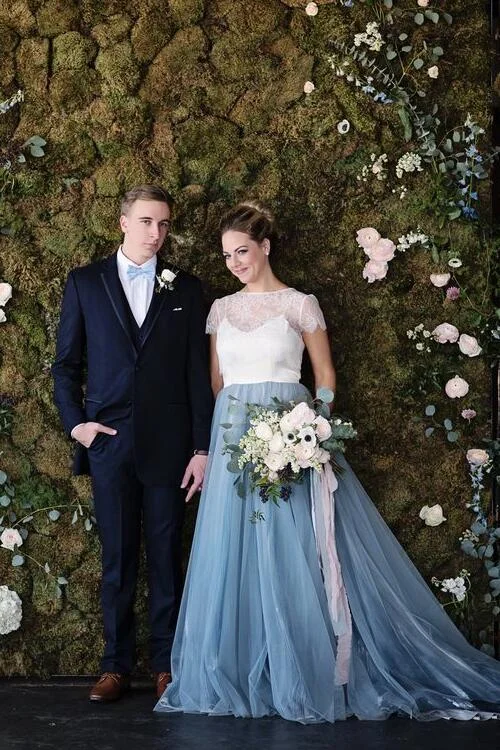 White and Blue Wedding Dresses with Lace Jacket Front Pockets Side Pockets Patch Pockets White and Blue Wedding Dresses with Lace Jacket Front Pockets Side Pockets Patch Pockets