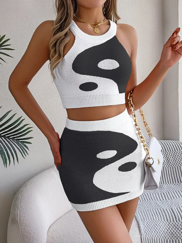 Contrast color belly-baring top and hip skirt knitted suit relaxed fit skirt