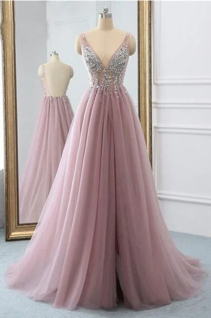 Sexy Slit Beading Tulle Backless V Neck Long Evening Dresses Sleeveless Party Dresses Tunics Solid Classic