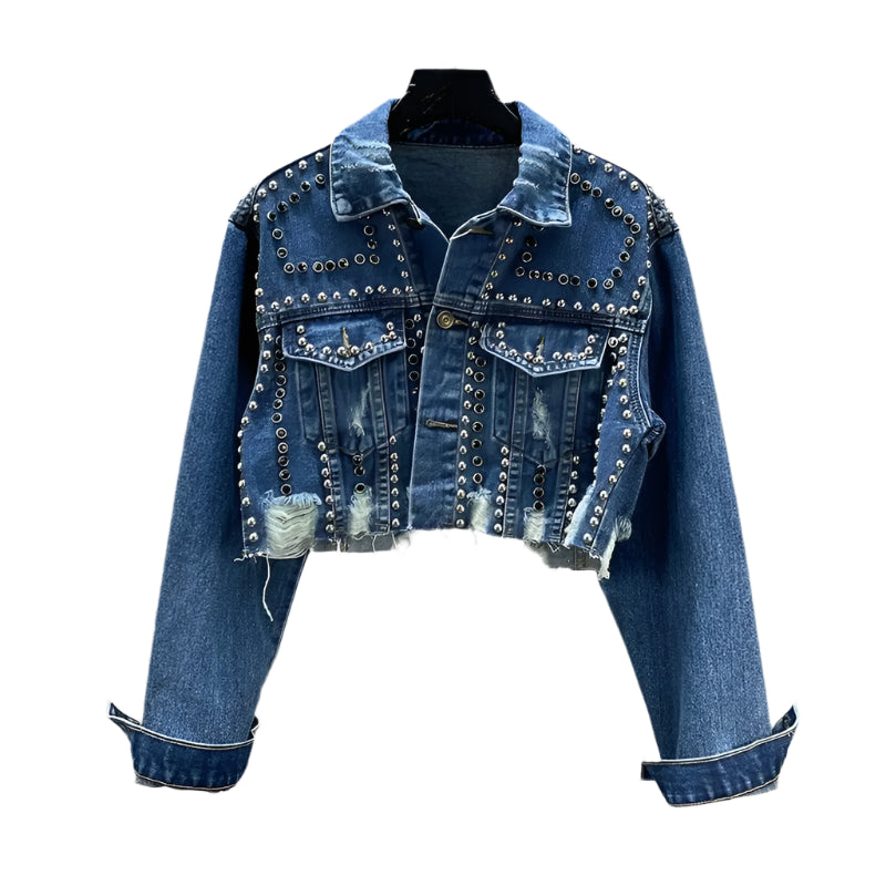 Heavy Industry Rivet Diamond Denim Jacket Wool Fabric Cashmere Fabric Tweed Fabric