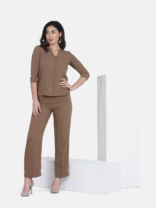 Poly Moss Pant Suit - Brown Elegant High-Waist Pants