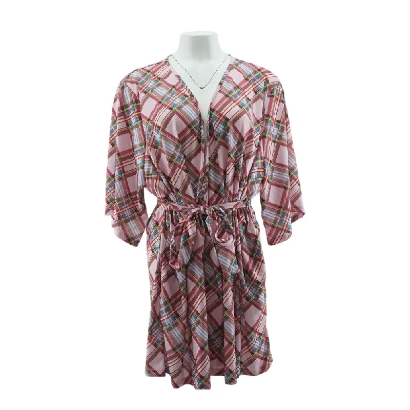 Pink Plaid Cardigan Sweater Spandex Blend Rayon Blend Denim Blend