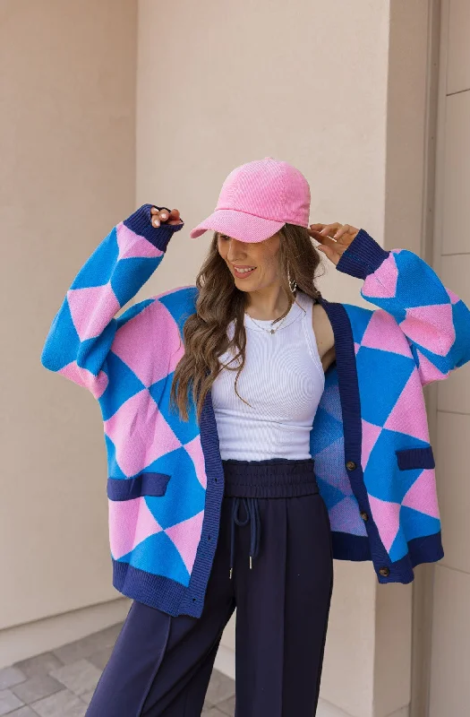 LUXE Diamond Checkered Oversized Cardigan Handmade Hand-knitted Hand-woven