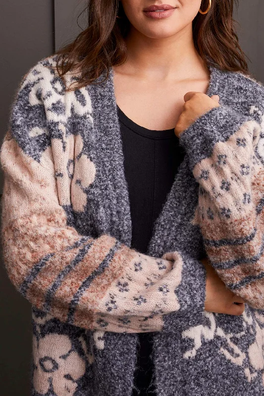 LONG SLEEVE JACQUARD SWEATER CARDIGAN - GREY Embroidered Appliqued Beaded