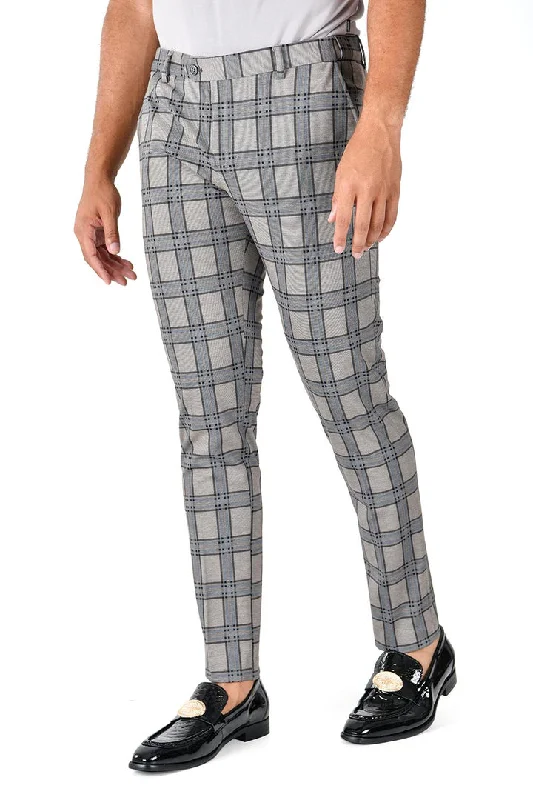 Barabas CP130 DON'T MESS WITH ME Light Grey and Blue Checkered Slim Fit Dress Pant High-Waist Jeans