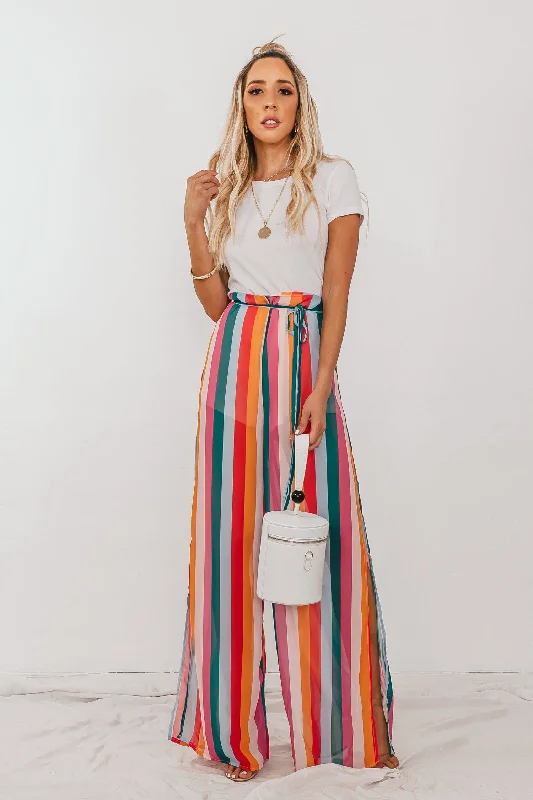 Multi-Color Stripe Pants with Side Slits Lightweight Linen Pants