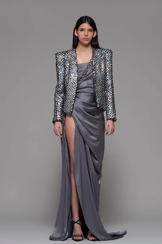 Long sleeves short jacket with high slit draped dress Striped Jacket Polka Dot Jacket Floral Jacket Long sleeves short jacket with high slit draped dress Striped Jacket Polka Dot Jacket Floral Jacket