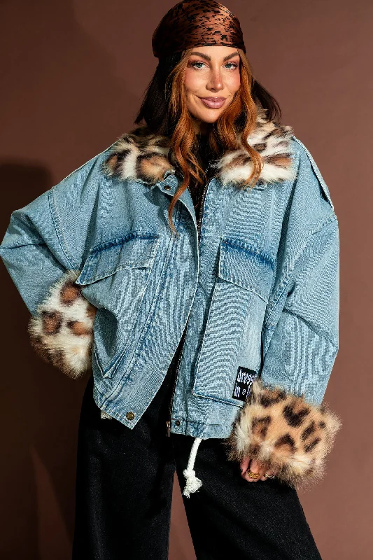 Rebellion Oversized Denim Trucker Jacket with Faux Fur Welt Pockets Slit Pockets Flap Pockets Rebellion Oversized Denim Trucker Jacket with Faux Fur Welt Pockets Slit Pockets Flap Pockets