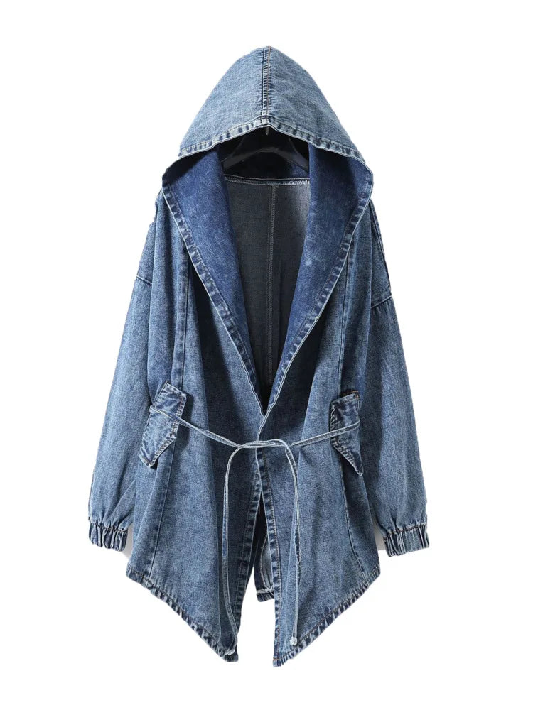 Denim Oversized Hooded  Jacket Boat Neck Shawl Collar Notched Collar