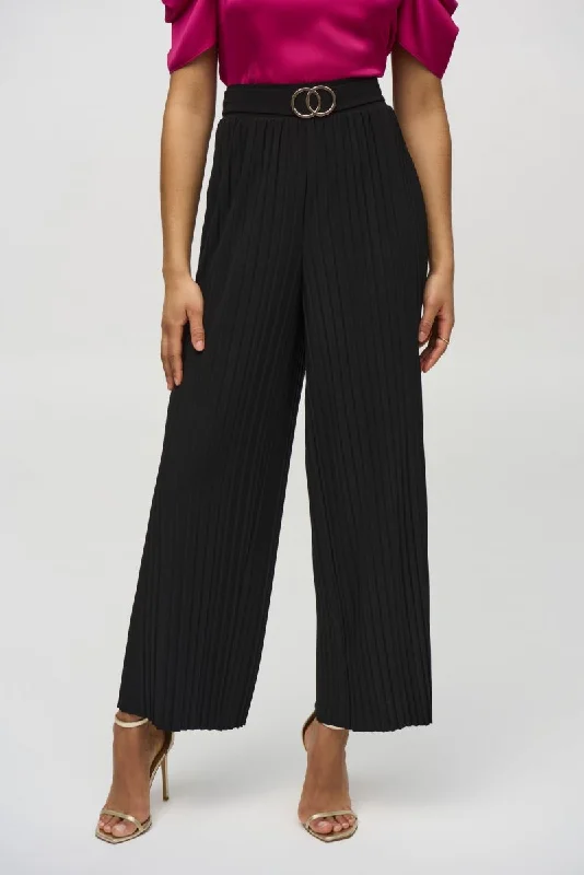 Joseph Ribkoff Black Pleated Pull On Wide-Leg Pants 244169 Classic Cropped Pants