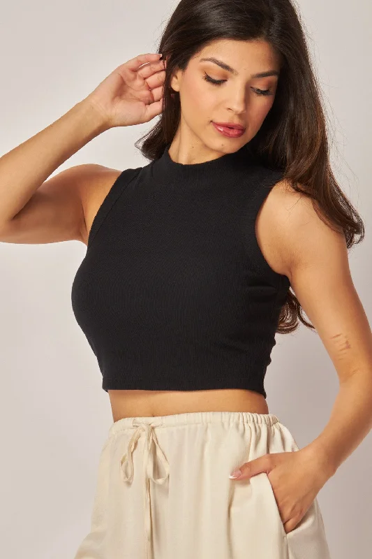 Rayon Ribbed Stretchy Cropped Mock Neck Tank Top slim fit tank