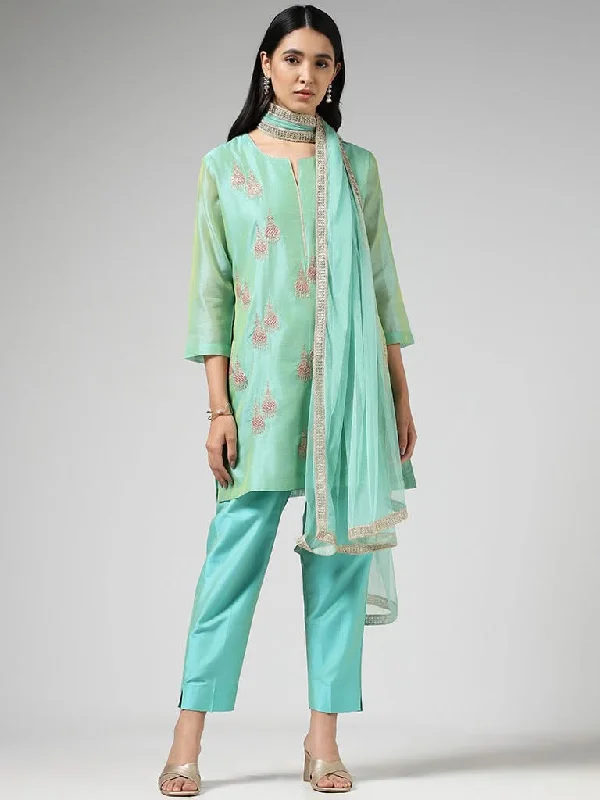 Vark Jumkha Embroidered Light Blue Kurta with Pants & Dupatta Soft Stretch Trousers