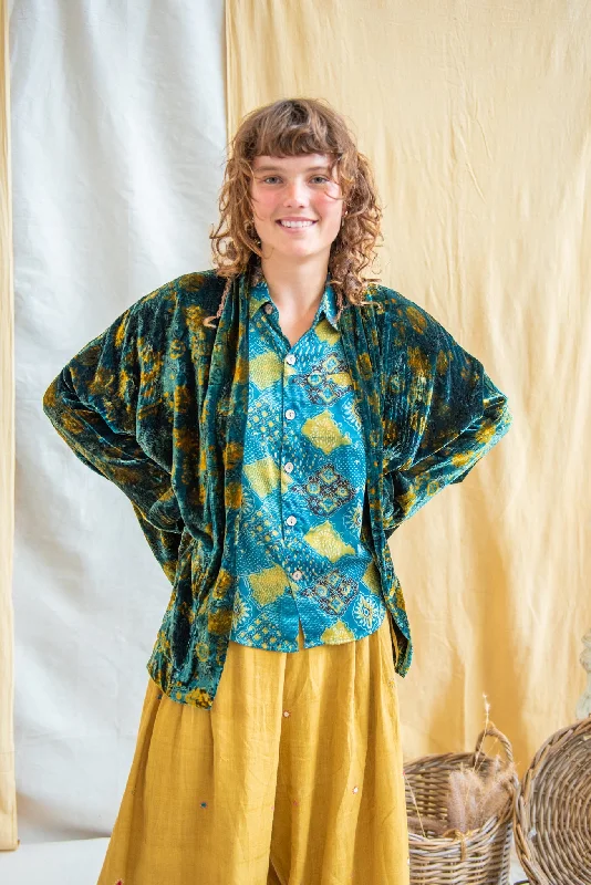 Silk Velvet Kimono Jacket - Indigo Lime Anorak Shell Jacket Lightweight Jacket