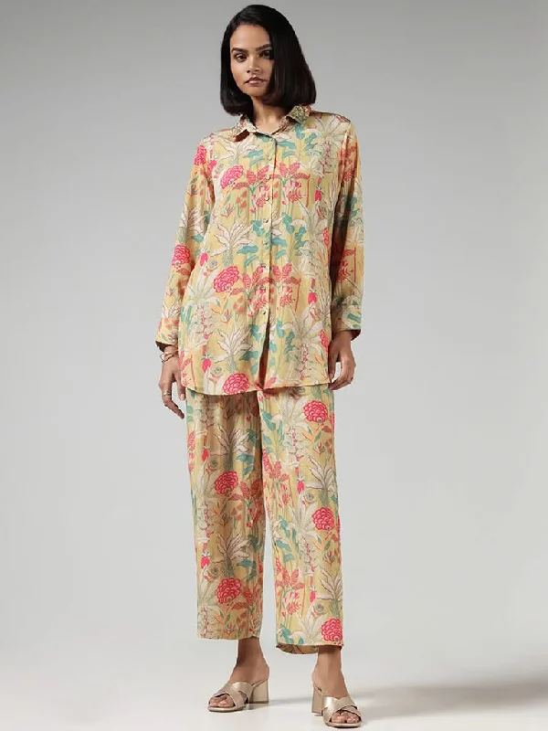 Vark Yellow Printed Kurti and Pants Set Cozy Full-Length Pants