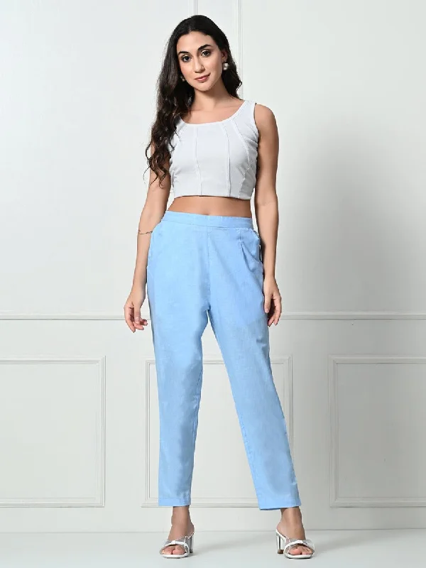 Women’s Linen Cotton Palazzo Pants| Blue Comfortable Pleated Pants