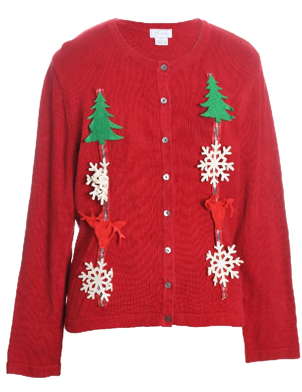 Red Christmas Cardigan - L Spandex Rayon Corduroy