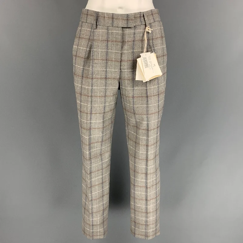 PESERICO Size 6 Grey & Blue Virgin Wool Windowpane Dress Pants Casual Skinny Fit Pants