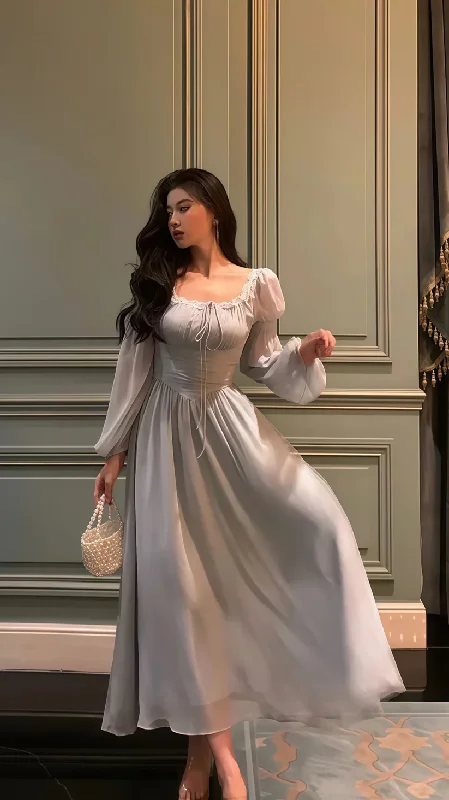 Grey Lace Chiffon Long Sleeves Party Dress Elegant Prom Evening Dress Y8021 Tunics Wedding white Grey Lace Chiffon Long Sleeves Party Dress Elegant Prom Evening Dress Y8021 Tunics Wedding white