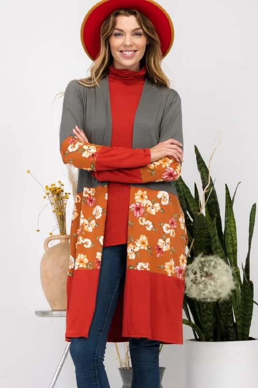 Celeste Full Size Floral Color Block Open Front Cardigan Boxy Cardigan Fitted Cardigan A-Line
