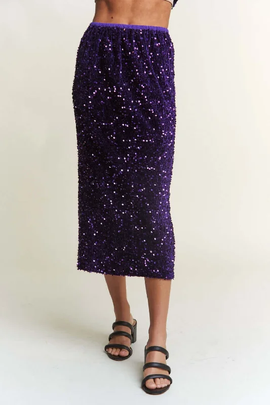 Royal Purple Sequin Back Slit Midi Skirt velvet skirt plush