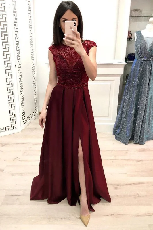 A Line Burgundy Cap Sleeve Prom Dresses Long Beading Slit Evening Party Dresses Tunics Business professional A Line Burgundy Cap Sleeve Prom Dresses Long Beading Slit Evening Party Dresses Tunics Business professional