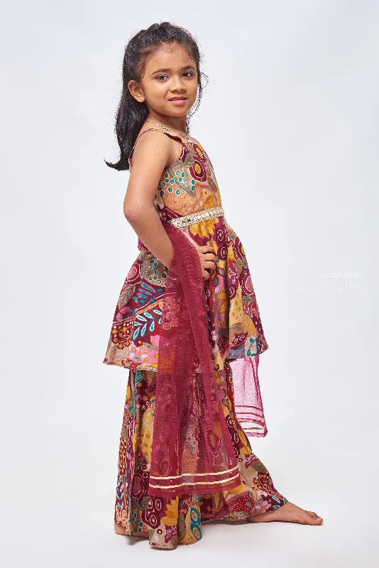 Autumn Hues Floral and Abstract Print Kurti with Gharara Set for Girls & Dupatta - Girlish Party Dress for Vibrant Girls Tunics Polka dots