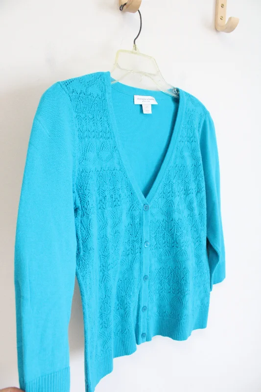 Christopher & Banks Blue Crocheted Front Cardigan | S Petite Wool Cardigan Cotton Cardigan Cashmere Cardigan