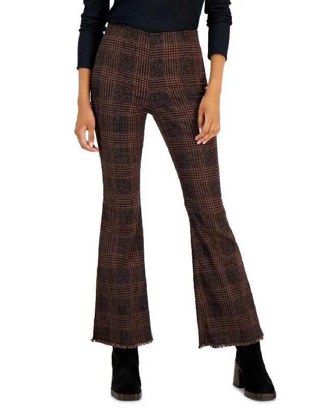 TINSELTOWN - Plaid High-Rise Pull-on Flare Pants Elegant Silk Pants