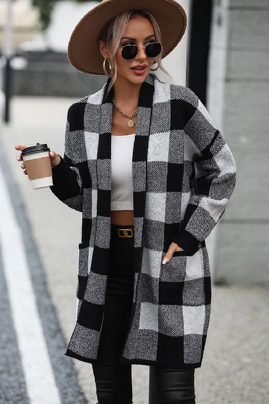 Tommy Plaid Dropped Shoulder Cardigan with Pocket Polka Dot Checkered Tartan