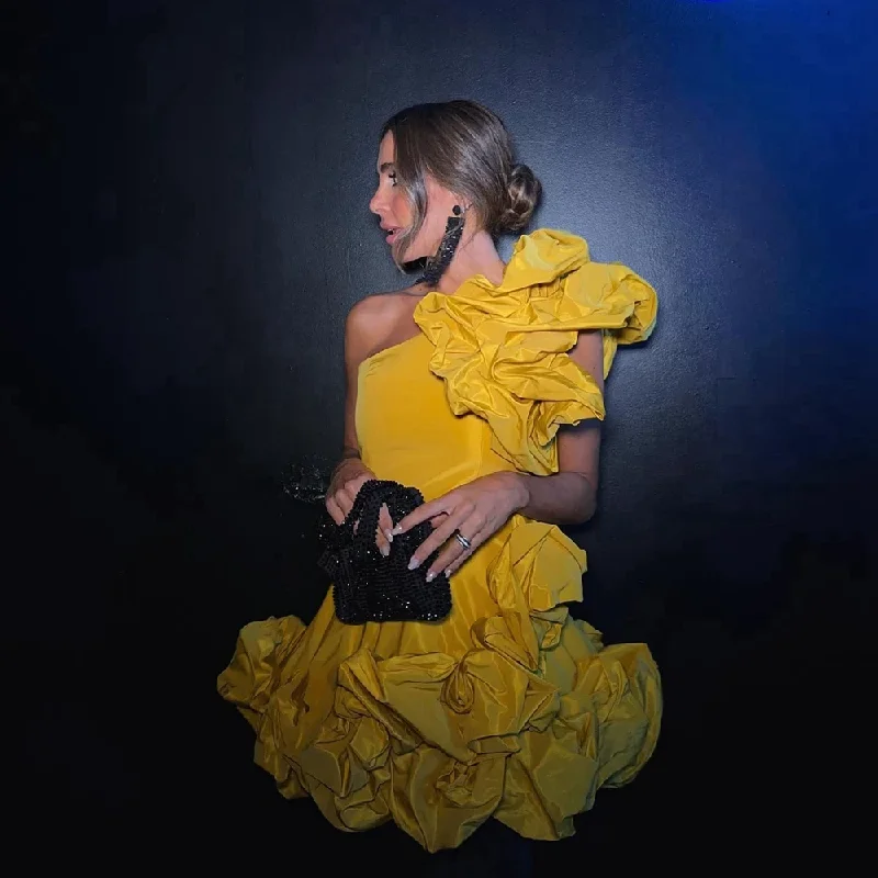 Bright Satin Mini Prom Party Dress One Shoulder Handmade Flowers Short Cocktail Gowns Pretty Ruffles Homecoming Dresses Tunics Practical durable Bright Satin Mini Prom Party Dress One Shoulder Handmade Flowers Short Cocktail Gowns Pretty Ruffles Homecoming Dresses Tunics Practical durable