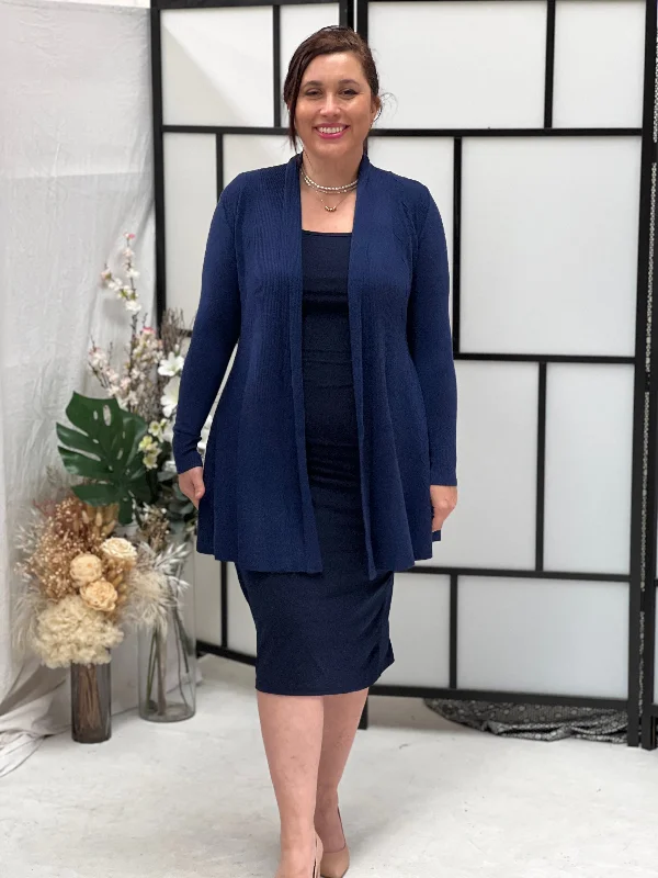 Olinda Navy Wool Knit Cardigan Welt Pockets Slit Pockets Flap Pockets
