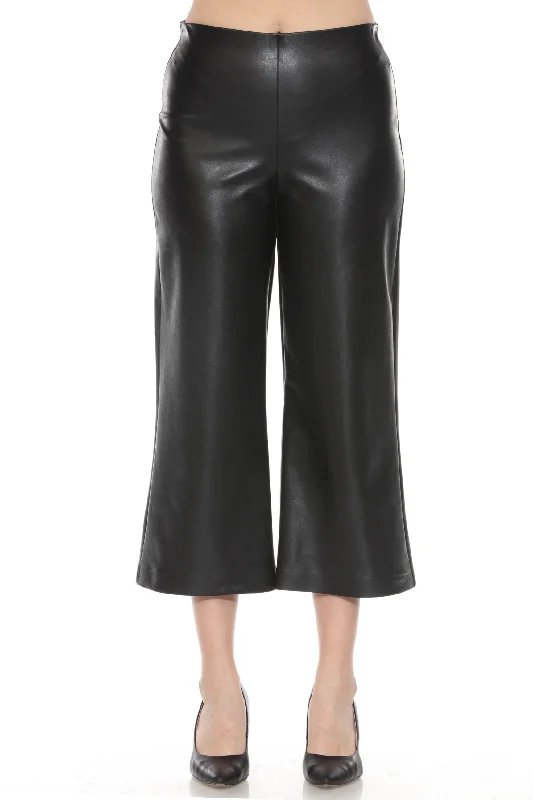 Joseph Ribkoff Black Faux Leather Cropped Wide Leg Pants 243042 Comfy Cargo Trousers