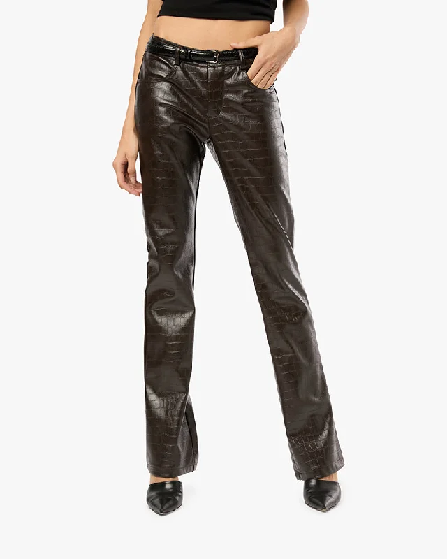 Vegan Leather Croc Mid Rise Flare Pant Stretch Fit Pants