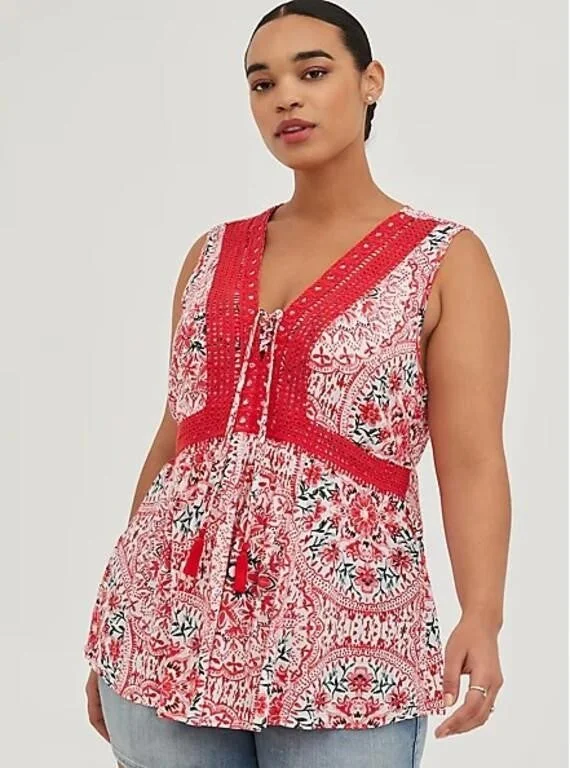Torrid Red Floral Boho Lace-Up Babydoll Tank Top NWT - 5X stretchy tank top