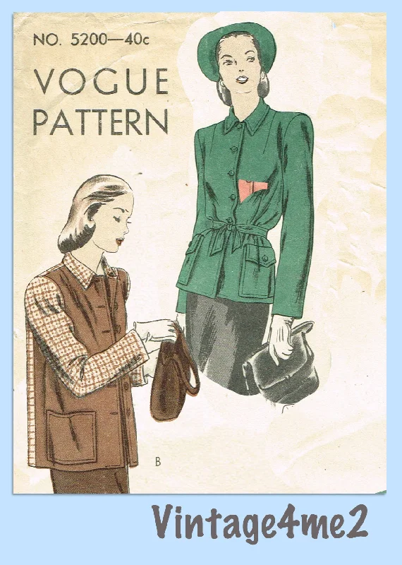 Vogue 5200: 1940s Misses Boxy Coat or Jacket Sz 32B Vintage Sewing Pattern Zip Front Button Front Snap Front
