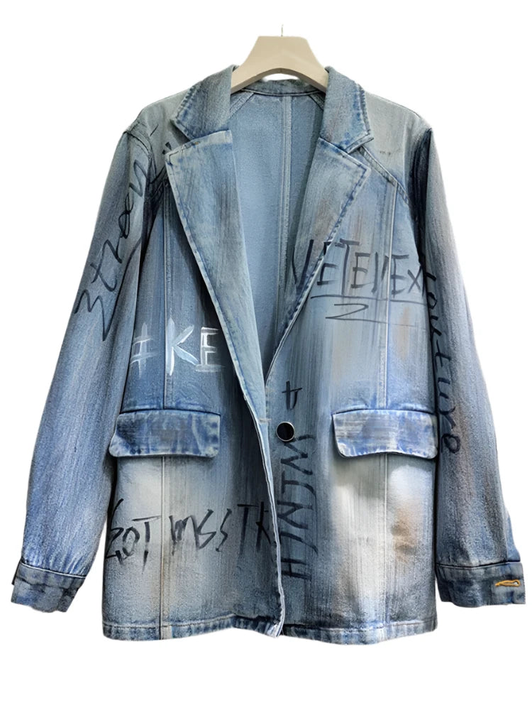 Denim Letter Graffiti Single Buttoned  Jacket Cardigan Sweater Pullover