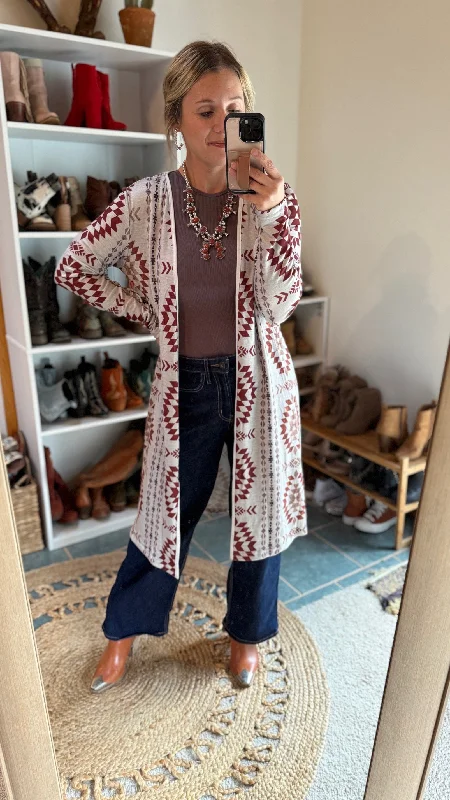 Muscadine Aztec Open Front Long Cardigan ✙ON SALE NOW ✙ Glossy Satin Silk