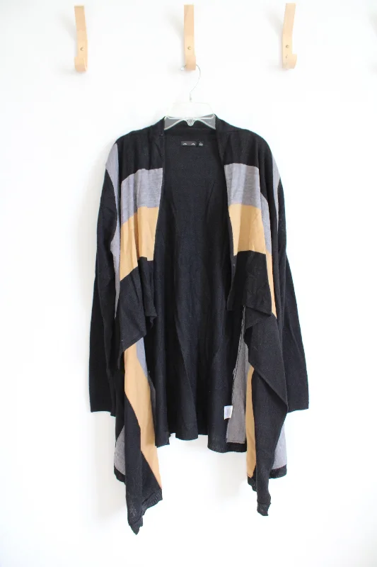 Ava Black Tan & Gray Striped Cardigan | L Iron Safe Non-Iron Wrinkle Free