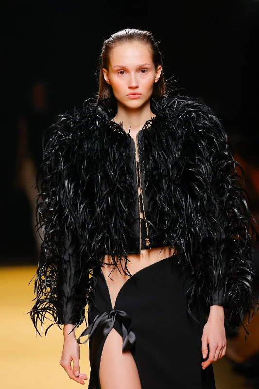 Feathered jacket with crepe dress A-Line Jacket Boat Neck Shawl Collar