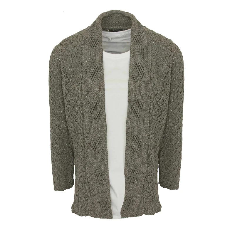 Ladies Pointelle Cardigan - Grey Solid Print Embellished