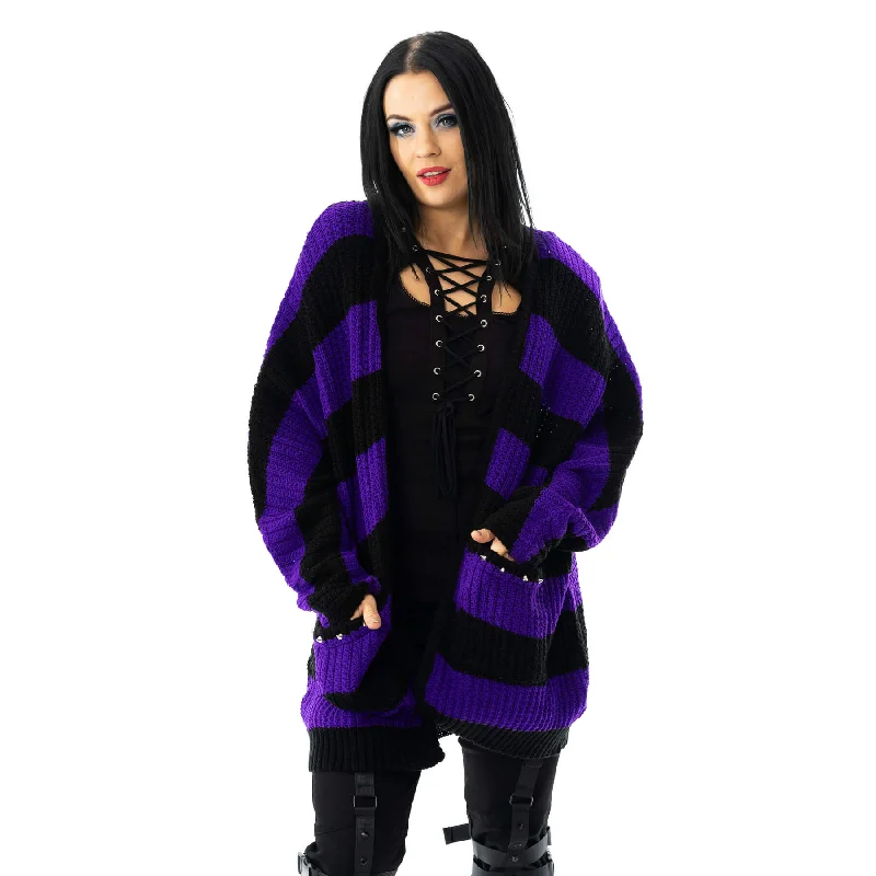 IN A DAZE CARDIGAN - BLACK/PURPLE Collared Crew Neck Turtle Neck