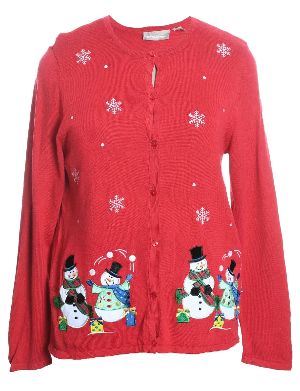 Snowman Christmas Cardigan - M Iron Safe Non-Iron Wrinkle Free